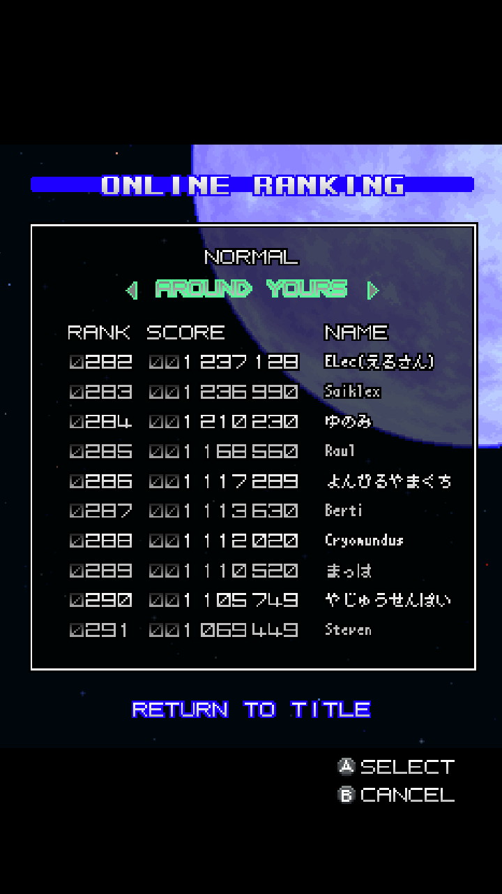 Screenshot: Moon Dancer online leaderboards of Arcade mode at Normal difficulty showing Berti at 287th place with a score of 1 113 630
